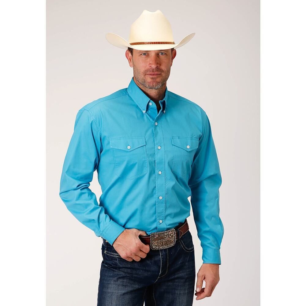 Roper Men's Blue Turquoise Solid Poplin Long Sleeve Snap Western Shirt Size 2XLT